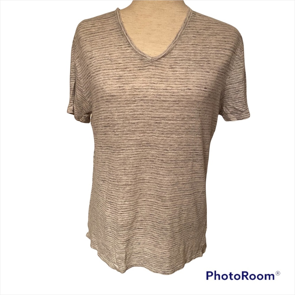 VINCE TOP TEE SHORT SLEEVE V-NECK GRAY WHITE LINEN SIZE S